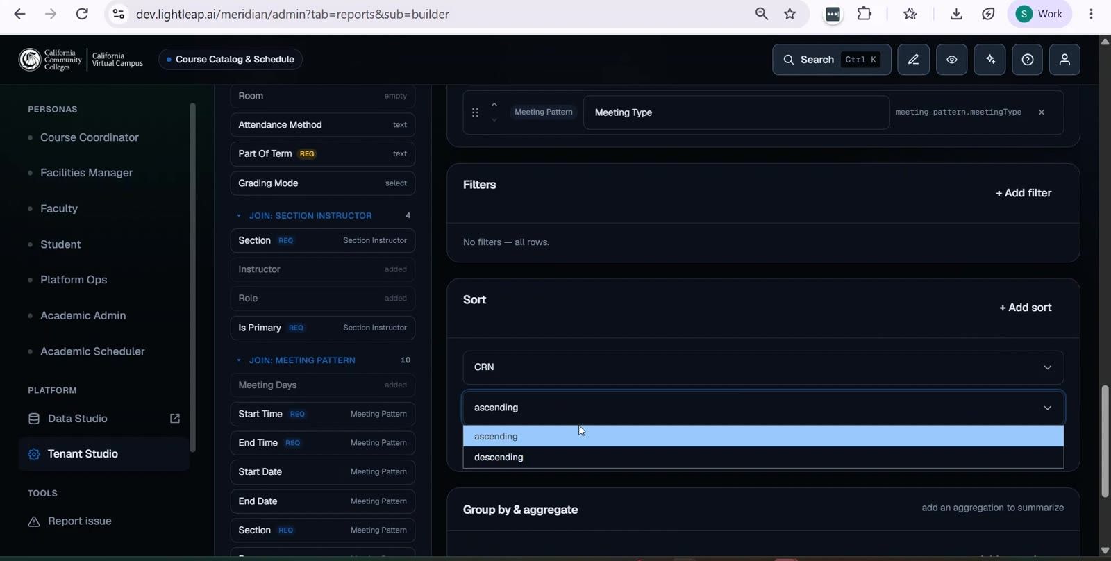 Meridian Report Builder on a California Community Colleges tenant — a governed report composer with fields, declared joins, filters, sort, and group-by, running through the same audited records engine as the rest of the platform.
