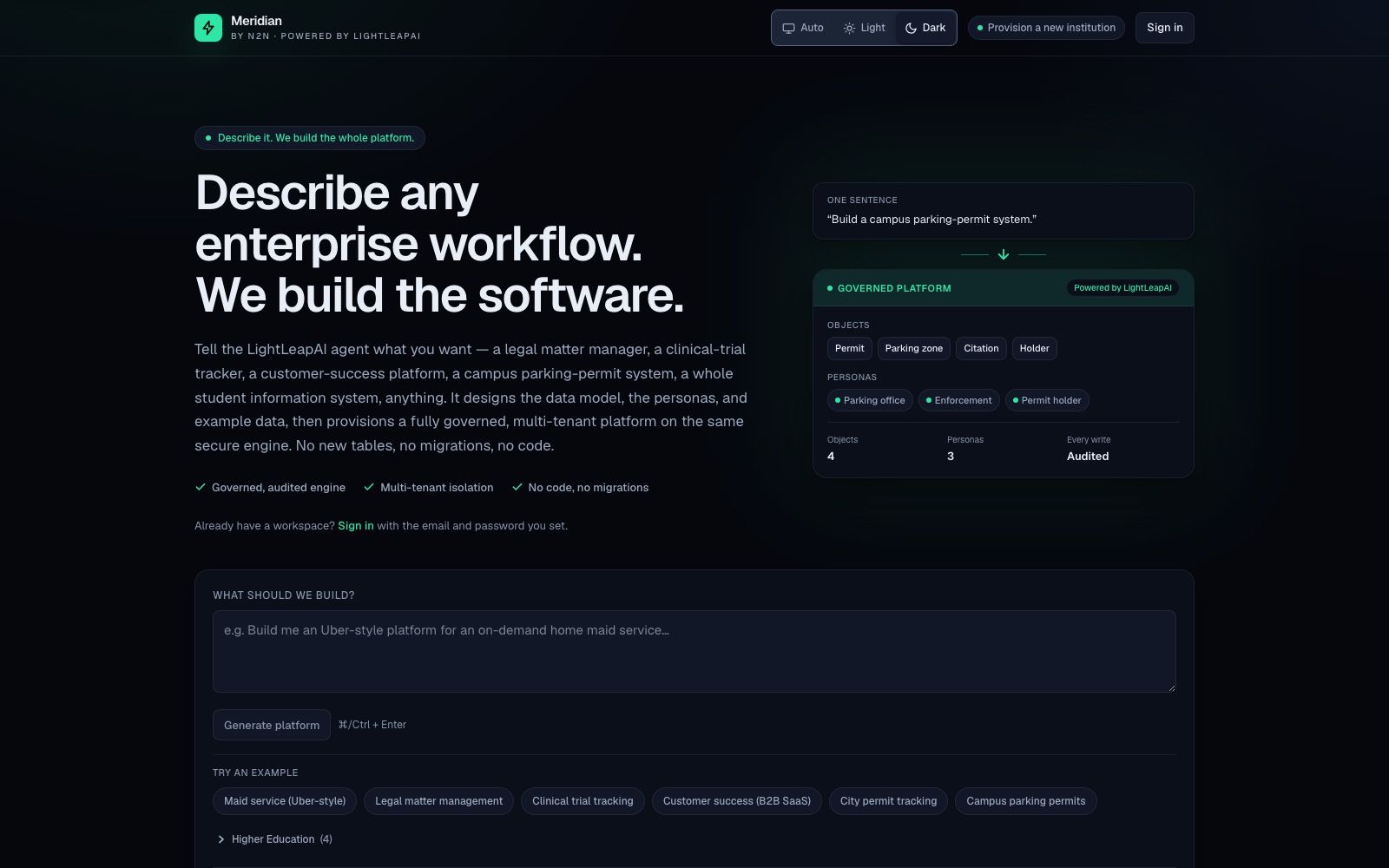 Meridian templates generator — the one-prompt front door: 'Describe any enterprise workflow. We build the software.' with a live plan card on the right.