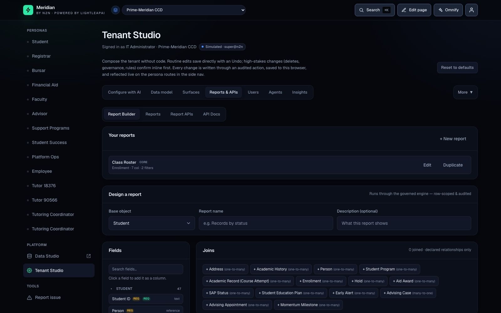 Meridian Report Builder — click-to-drag column composer with base-object picker, joins panel, and live-preview through the audited engine.
