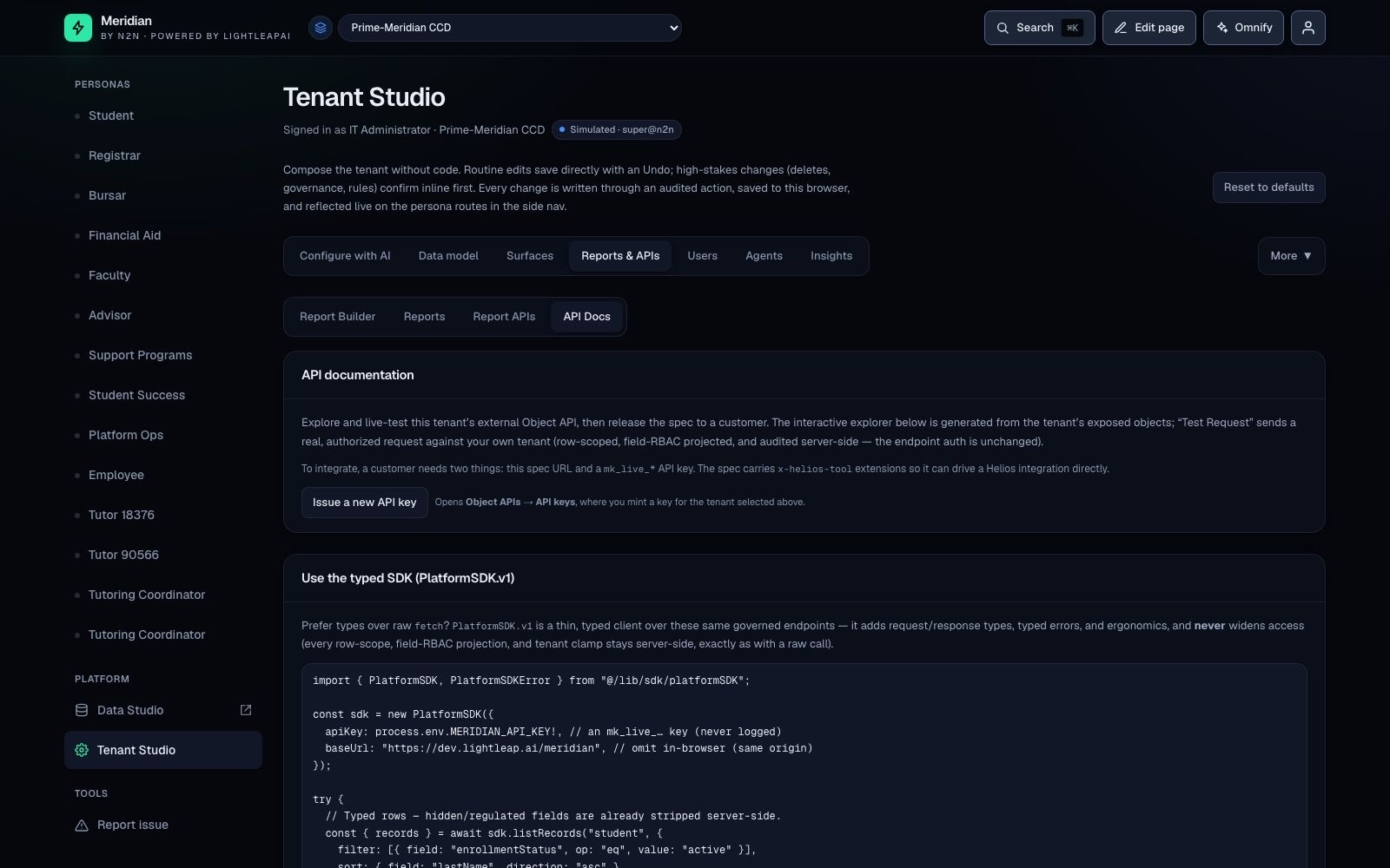 Meridian API Docs — Scalar renders the tenant's live OpenAPI 3.1 spec; attendees mint an mk_live_* key, paste it into the auth header, and hit the same governed endpoint their app runs on.