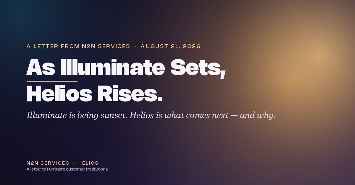 As Illuminate sets, Helios rises — editorial banner for N2N's Illuminate-to-Helios sunset announcement, in the brand navy-to-amber sunrise palette.