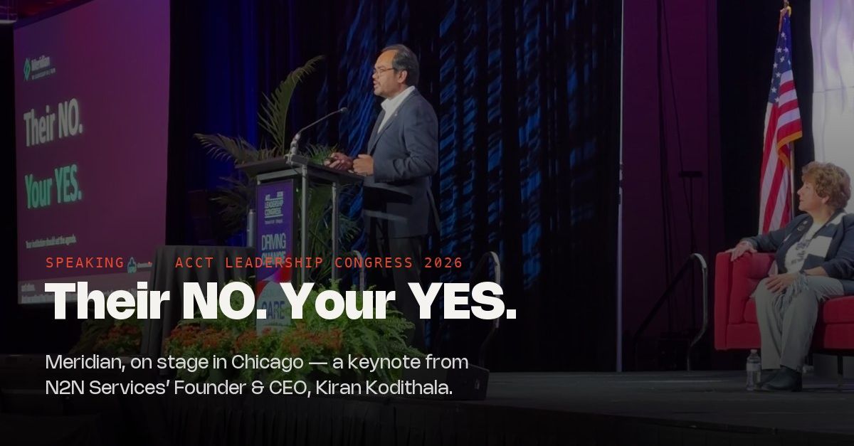 Kiran Kodithala at the podium during the ACCT Leadership Congress 2026 in Chicago, with the Meridian 'Their NO. Your YES.' slide on the mainstage screen behind him and a session host seated at right.