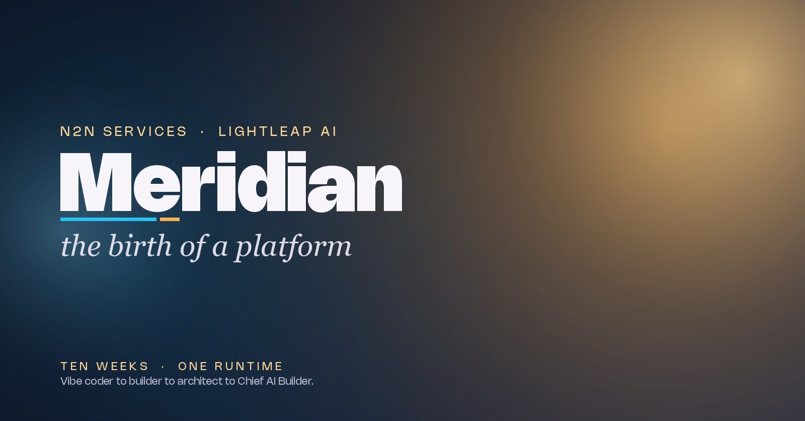 Cover art for 'The Birth of Meridian' — a founder's note on ten weeks, one platform, and the mode shift from vibe coder to Chief AI Builder.