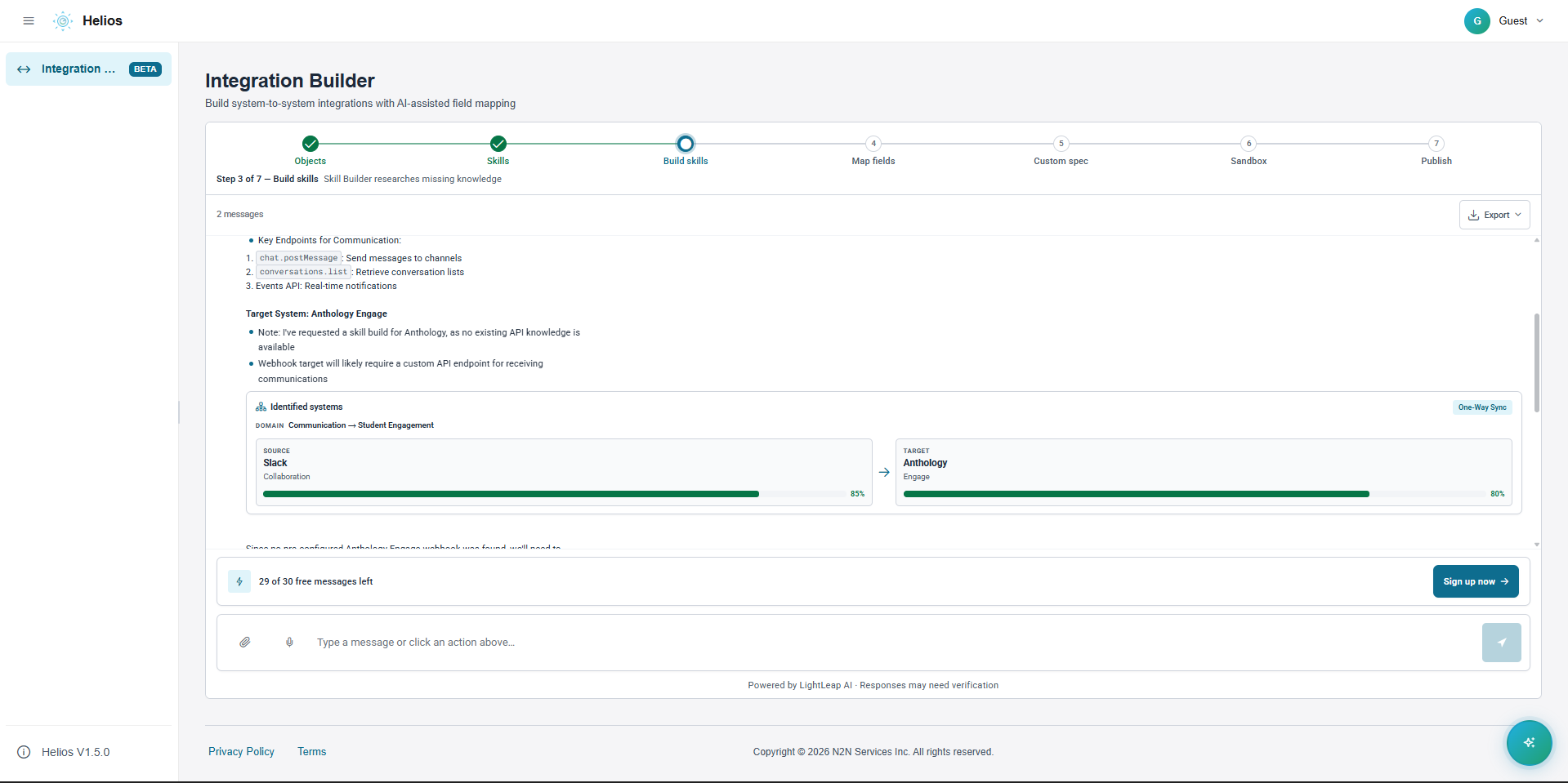 Helios Integration Builder showing identified systems Slack to Anthology Engage with confidence bars at 89% and 80% on a one-way sync.