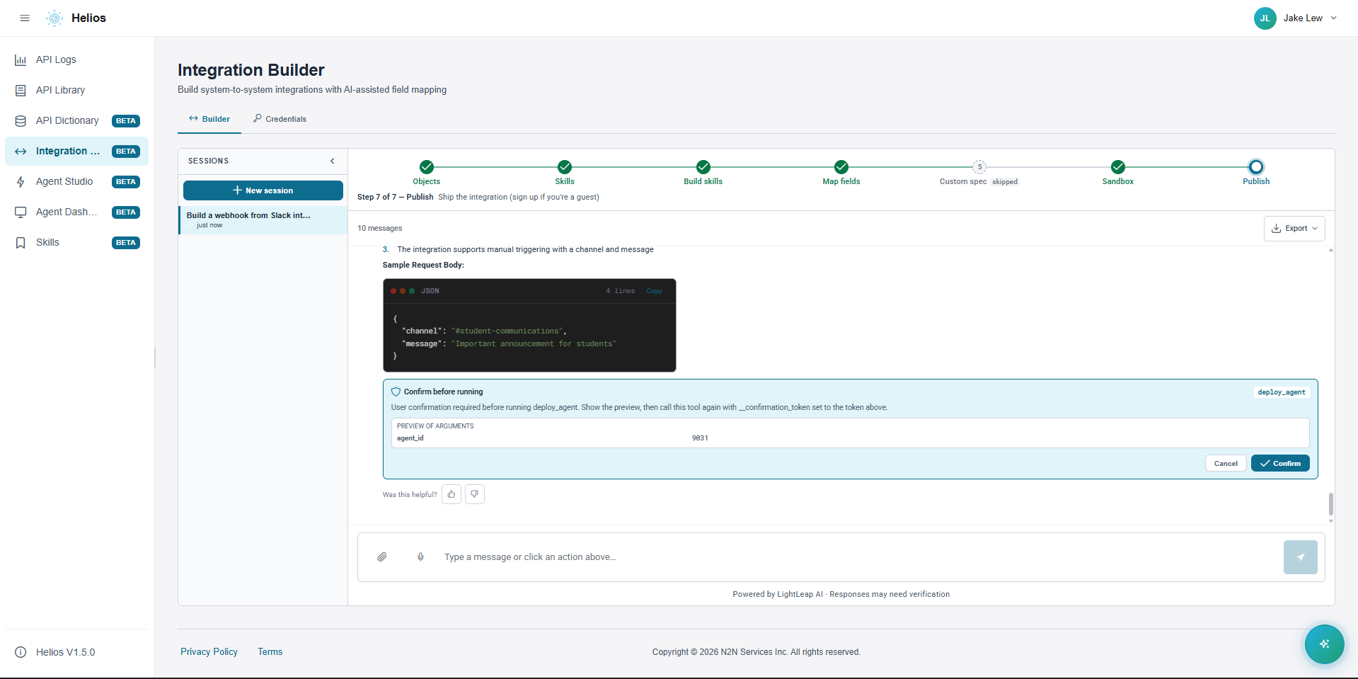 Helios deploy_agent confirmation card showing the sample request body in JSON, a preview of arguments, and Cancel / Confirm buttons.
